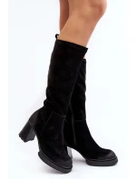 Dámské semišové kozačky na podpatku přes koleno Lemar černé model 21641591 - Boto