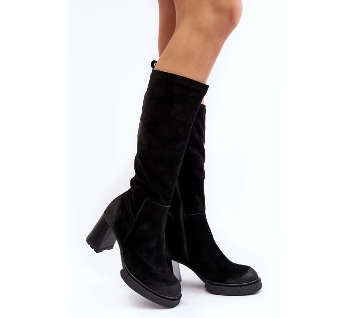 Dámské semišové kozačky na podpatku přes koleno Lemar černé model 21641591 - Boto