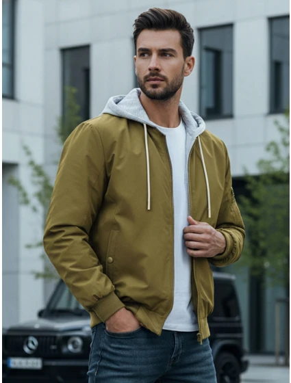 Pánská bunda bomber s kapucí zelená model 21986370 - Dstreet Pánská bunda bomber s kapucí zelená model 21986370 - Dstreet