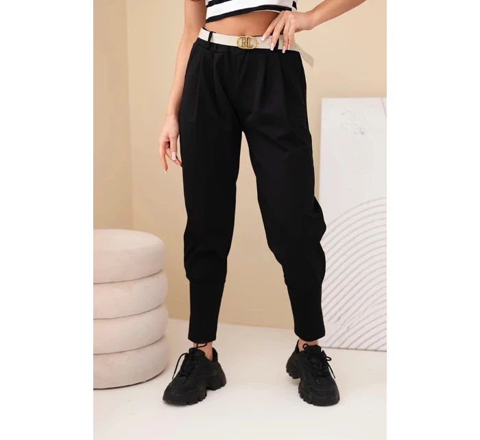 Dámské bavlněné kalhoty s vysokým pasem a opaskem černé