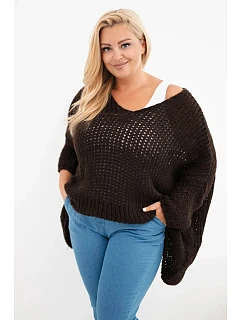 Dámský svetr dírkovaný oversize s výstřihem do V a delším zadním hnědý