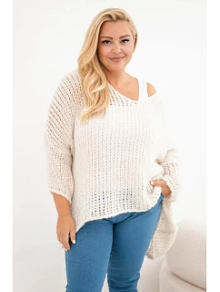 Dámský svetr oversized se vzorem a výstřihem do V a delším zadním dílem béžový
