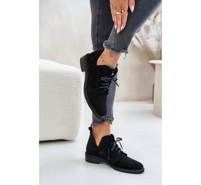 Semišové Polobotky Šněrovací Na Plochém Podpatku Černé model 21670945 - Zazoo