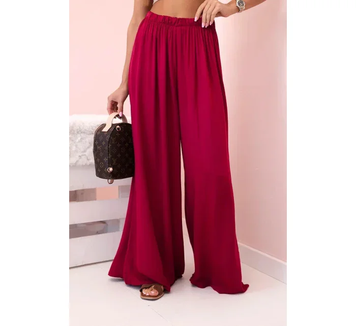 Široké dámské kalhoty s elastickým pasem tmavě vínová