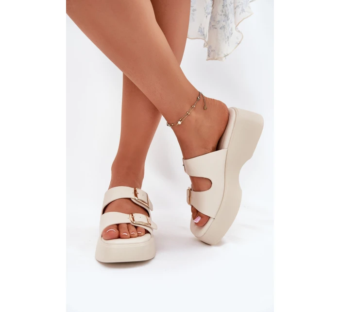 Dámské pantofle na platformě a klínu s přezkami světle béžové Nitarelia Dámské pantofle na platformě a klínu s přezkami světle béžové Nitarelia