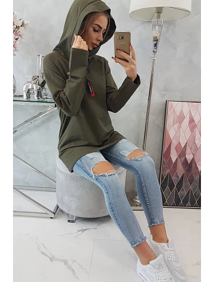 Tunika na zip s kapucí Oversize khaki barva Tunika na zip s kapucí Oversize khaki barva