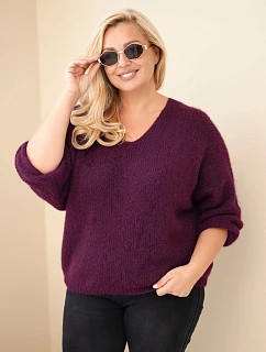 Dámský svetr Plus Size s výstřihem do V a širokým rukávem fialová tmavá