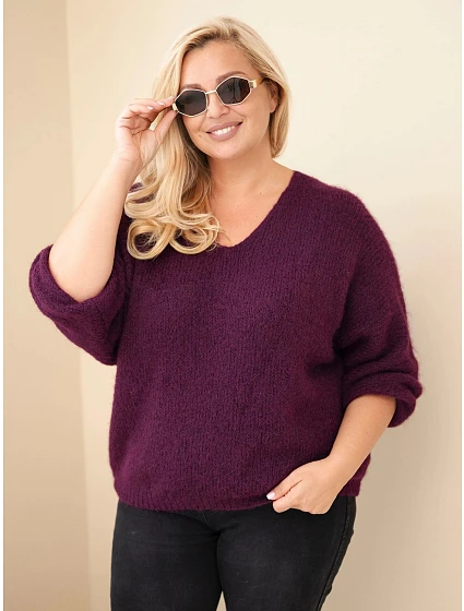 Dámský svetr Plus Size s výstřihem do V a širokým rukávem fialová tmavá Dámský svetr Plus Size s výstřihem do V a širokým rukávem fialová tmavá