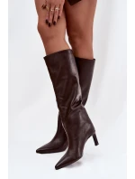 Dámské kozačky nazouvací na jehlovém podpatku s prošitím čokoládové Olyvia
