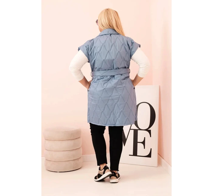 Dámská vesta Plus Size prošívaná s páskem a límcem džínová barva