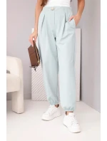 Dámské bavlněné kalhoty s vysokým pasem a ozdobným knoflíkem tmavě mátové Dámské bavlněné kalhoty s vysokým pasem a ozdobným knoflíkem tmavě mátové