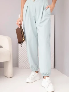 Dámské bavlněné kalhoty s vysokým pasem a ozdobným knoflíkem tmavě mátové