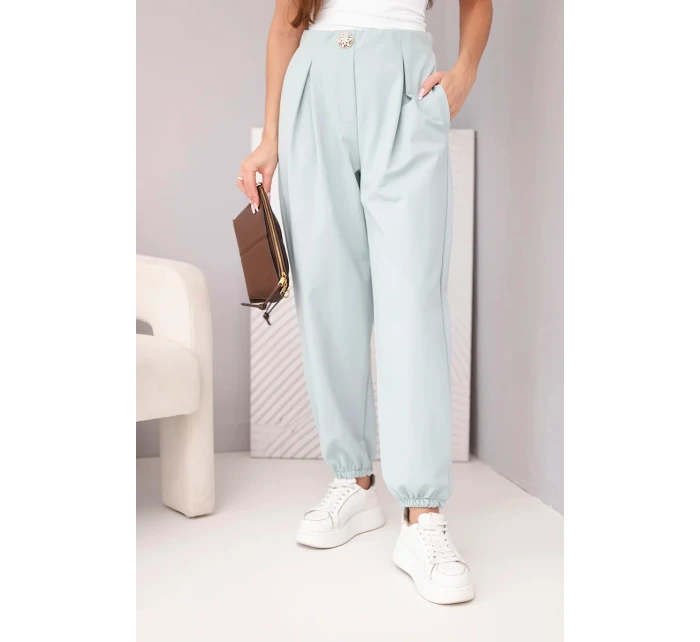 Dámské bavlněné kalhoty s vysokým pasem a ozdobným knoflíkem tmavě mátové