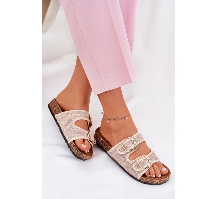 Dámské Textilní Pantofle Na Korek Platformě S Přezkami Béžové Osoffe