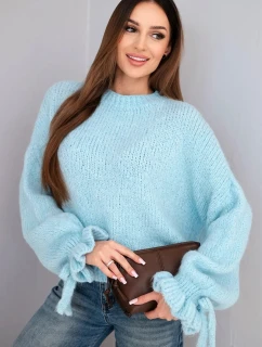 Dámský svetr s přídavkem s vzorem a ozdobnými rukávy modrý model 21857669 - K-Fashion