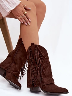 Dámské kožené boty s třásněmi na podpatku čokoládové Gralina