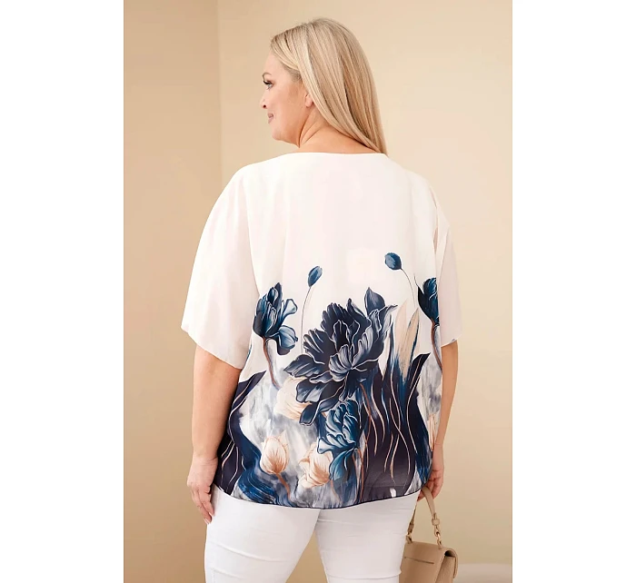 Dámská halenka Plus Size s květinovým potiskem a volným rukávem jeansová