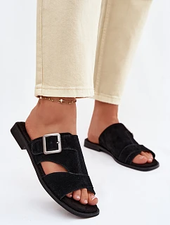 Semišové dámské nazouváky na nízkém podpatku s přezkou Big Star TT274477 Černé