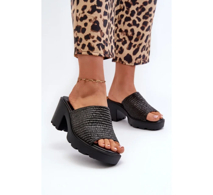 Černé dámské pantofle Titantha s pleteným vysokým podpatkem
