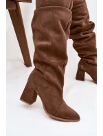 Dámské zateplené kozačky na podpatku Zazoo – světle hnědé, pravý semiš