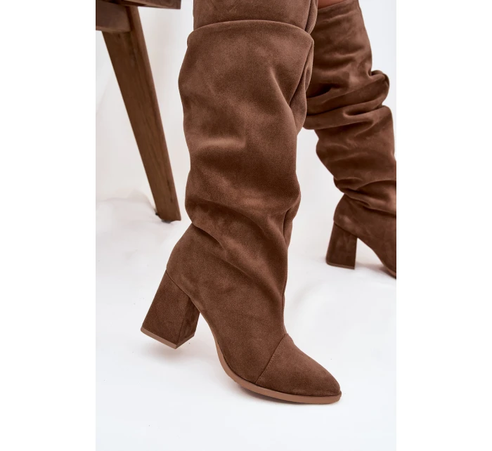 Dámské zateplené kozačky na podpatku Zazoo – světle hnědé, pravý semiš