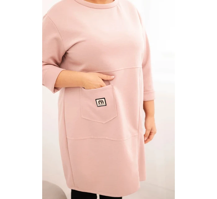 Dámské šaty Plus Size model 21439144 s kapsou a rukávem 3/4 pudrově růžová - K-Fashion