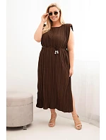 Dámské Plus Size viskózové plisované šaty s vázáním hnědá