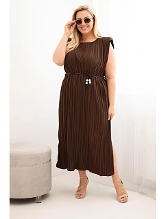 Dámské Plus Size viskózové plisované šaty s vázáním hnědá