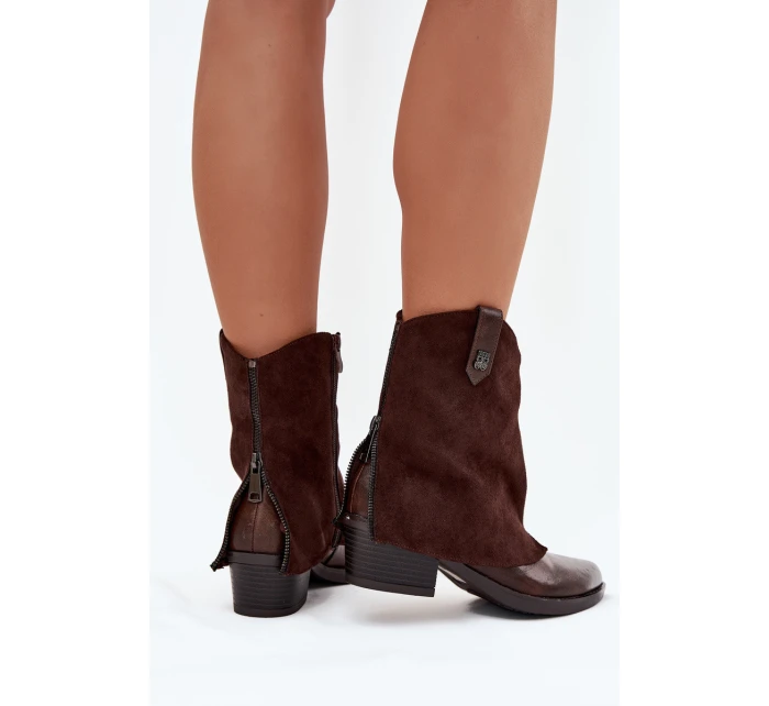 Dámské zateplené kotníkové botky kovbojky na sloupku – čokoládové Sylvette
