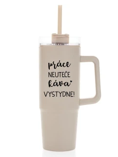PRÁCE NEUTEČE, KÁVA VYSTYDNE! - béžový cestovní termohrnek s průhledným víčkem 900 ml  