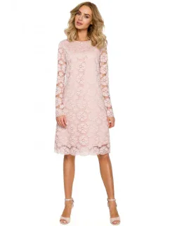 M406 krajkové šaty do áčka s dlouhými rukávy - růžové