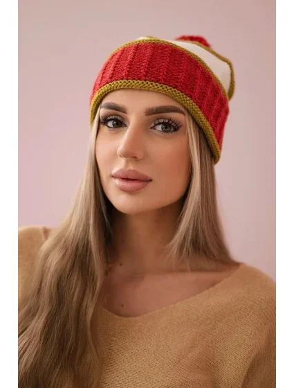 Dámská čepice Kinga K297 rudá+světlá khaki+ecru Dámská čepice Kinga K297 rudá+světlá khaki+ecru
