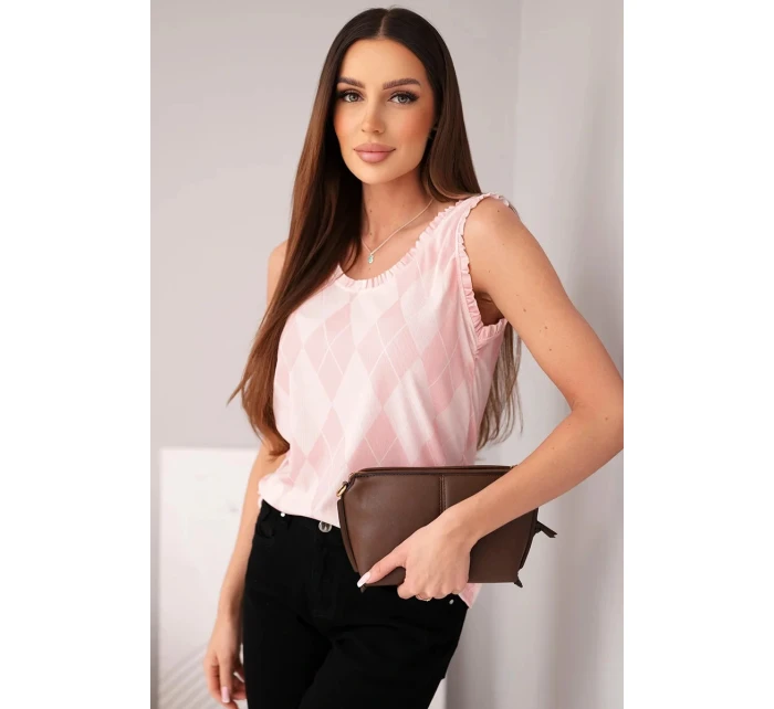 Dámská viskózová bez rukávů blůza s model 21954924 a volánkem u výstřihu pudrově růžová - K-Fashion