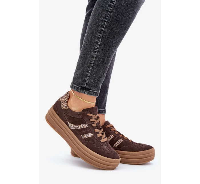 Zazoo N1176 Semišové tenisky na platformě s leopardím vzorem čokoládové