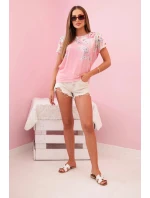Dámská bavlněná blůza s krátkým rukávem a květinovým potiskem světle růžová Dámská bavlněná blůza s krátkým rukávem a květinovým potiskem světle růžová
