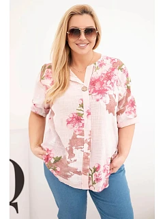 Dámská bavlněná halenka Plus Size s výstřihem do V a květinovým vzorem pudrově růžová