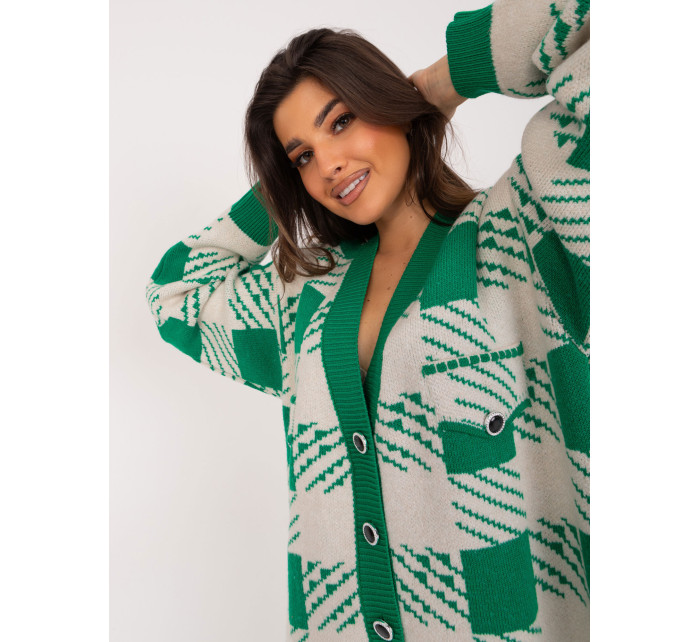 Zelený a béžový oversize svetr s geometrickým vzorem