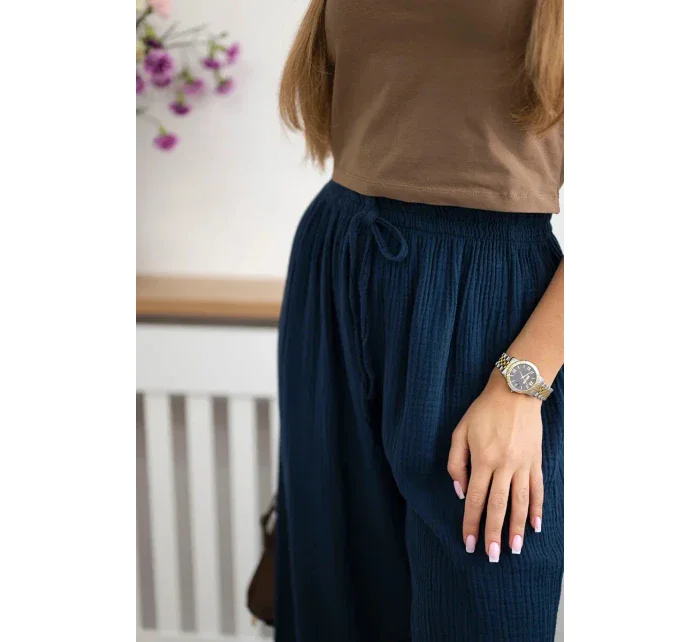 Mušelínové kalhoty se širokou nohavicí námořnická modř