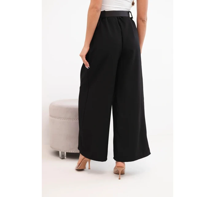 Dámské kalhoty s širokým střihem a páskem černé