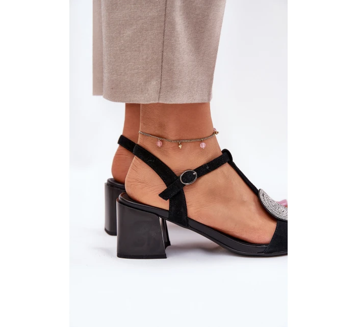 Kožené Sandály Na Podpatku S Ozdobou D&A JC51-842 Černé