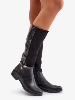 Zateplené Kozačky Na Ploché Podpatku S Ozdobnou Přezkou Černé Leatharia