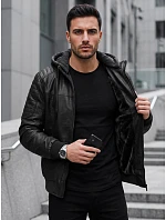 Pánská kožená zateplená bunda s kapucí, černá, FashionStreet TX5141 Pánská kožená zateplená bunda s kapucí, černá, FashionStreet TX5141