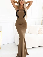 617-1 Dlouhé šaty ve tvaru mořské panny s černou krajkou a síťovinou - MOCHA MOUSSE