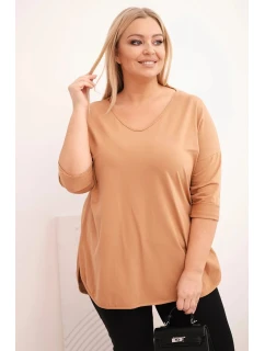 Dámská bavlněná blůza Plus Size s výstřihem do V a ohrnutými rukávy camelová