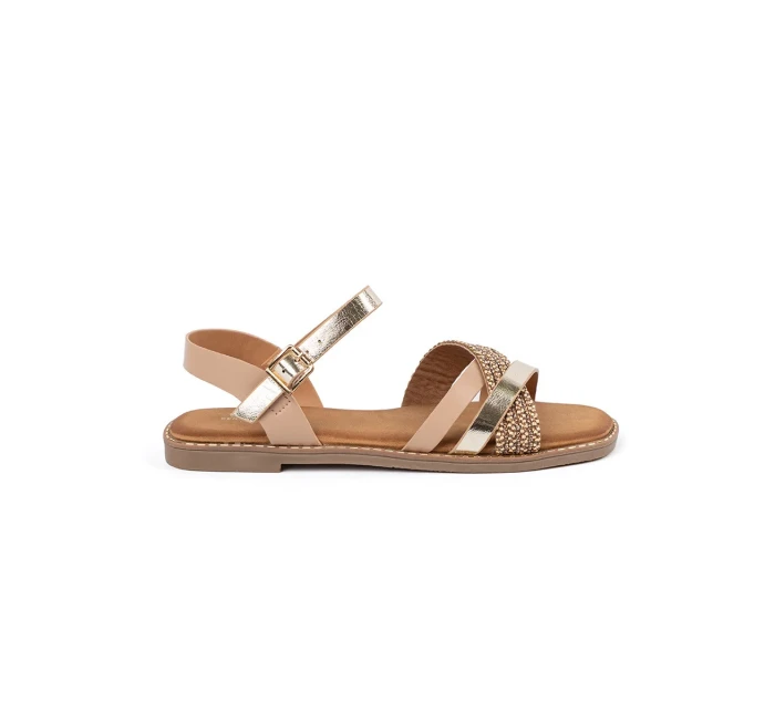 Praktické  sandály dámské zlaté na plochém podpatku
