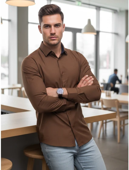 Pánská elegantní hladká hnědá košile SLIM FIT FashionStreet DX2593