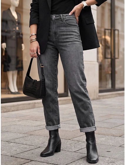 Jeansy damskie mom fit z wysokim stanem szare model 22347545 - FashionStreet