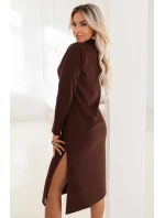 model 21884014 Elegantní midi šaty s límečkem a bočním rozparkem čokoládové - numoco basic