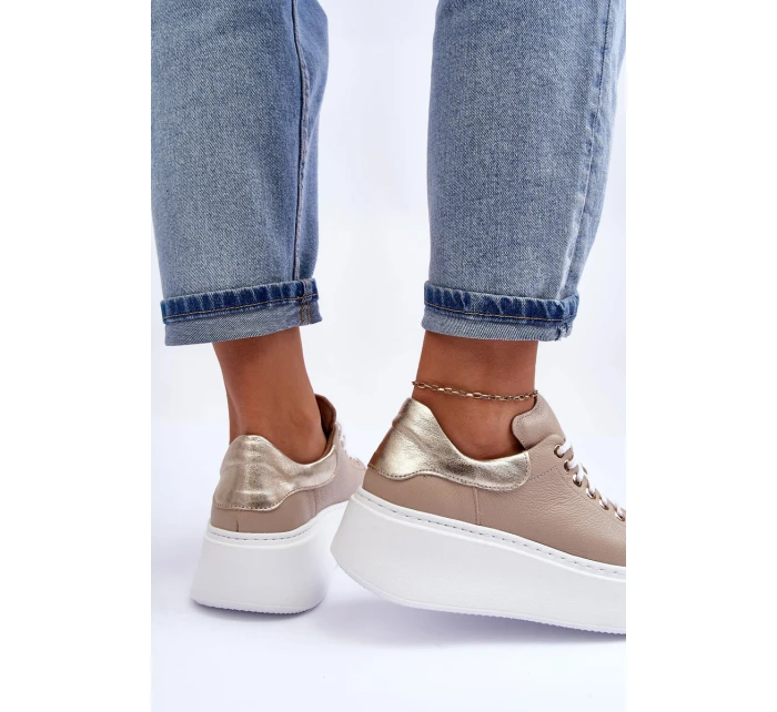 Dámské kožené sportovní boty na platformě Bežové Lemar model 21633508 - Boto Dámské kožené sportovní boty na platformě Bežové Lemar model 21633508 - Boto