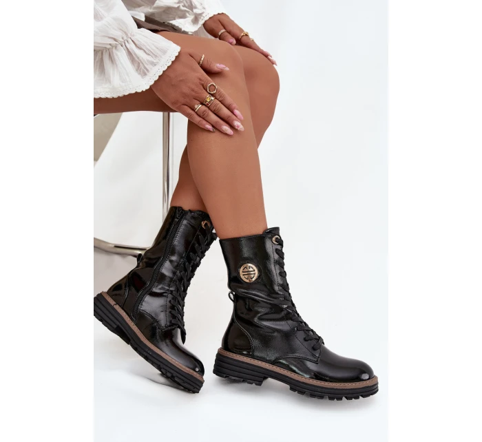 Lakované dámské workery s teplou podšívkou a zlatým detailem Dorialine – černé